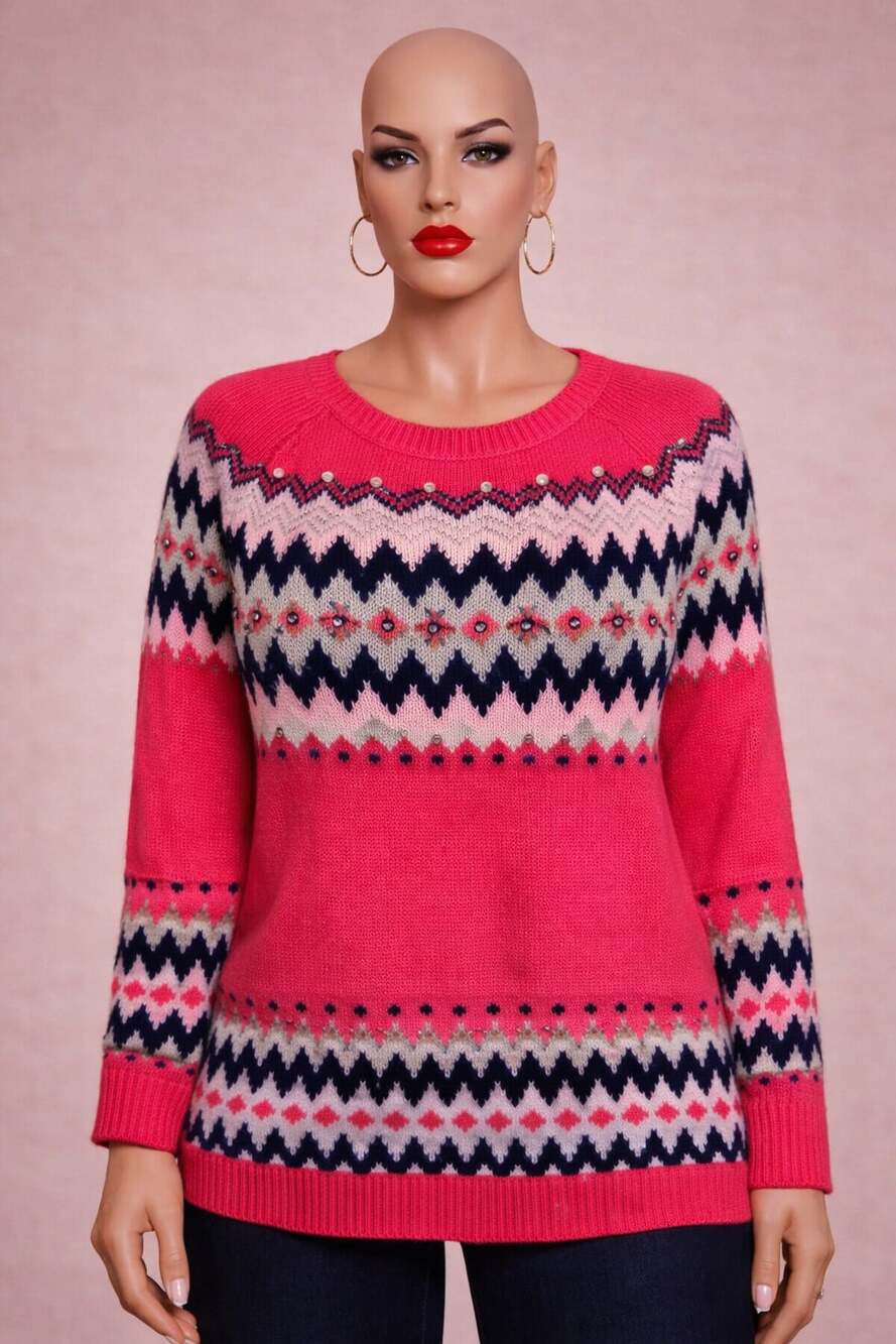 New York & Company Fair Isle Sweater XXL Pink Beaded Nordic Pattern Crewneck